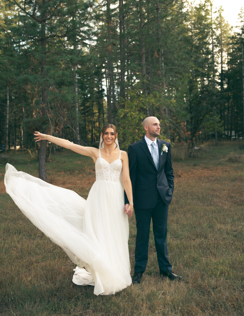 bride throwing dress in photo