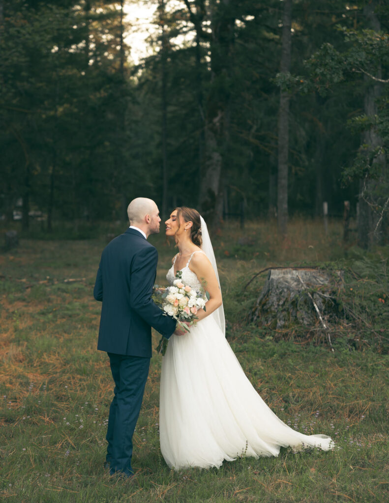 bride and groom about to kiss in meadow