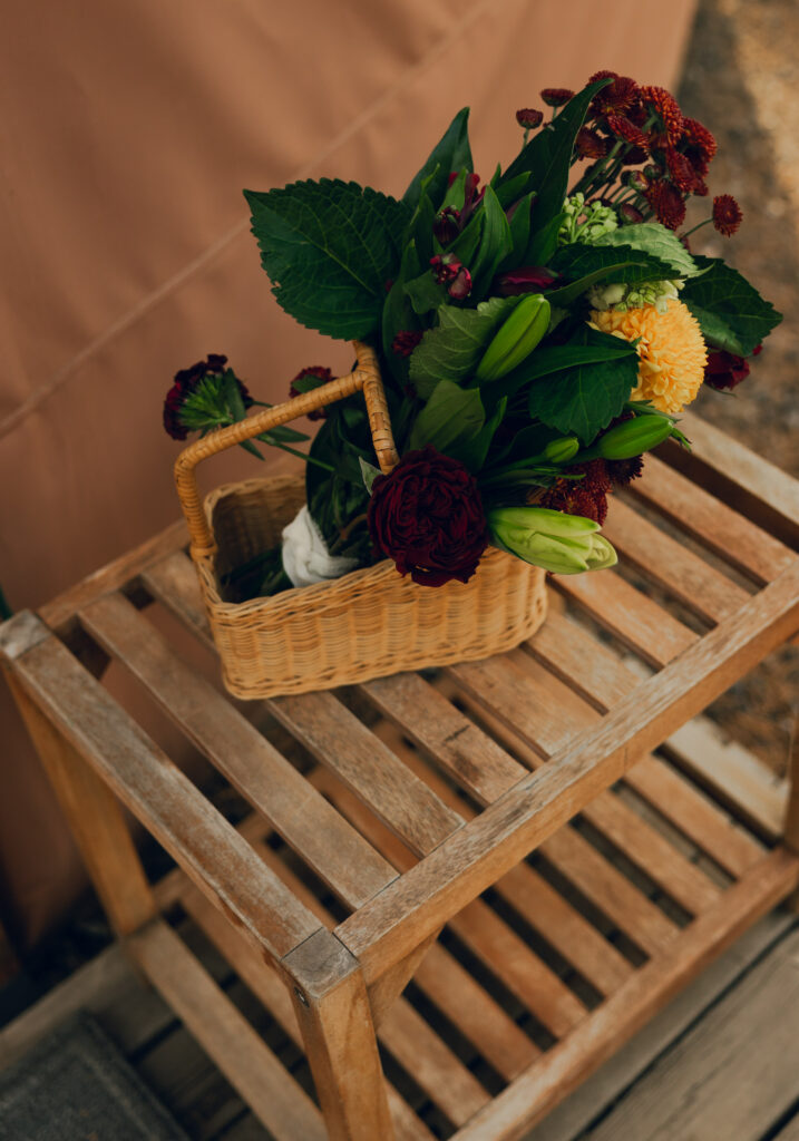 elopement florals beside yurt