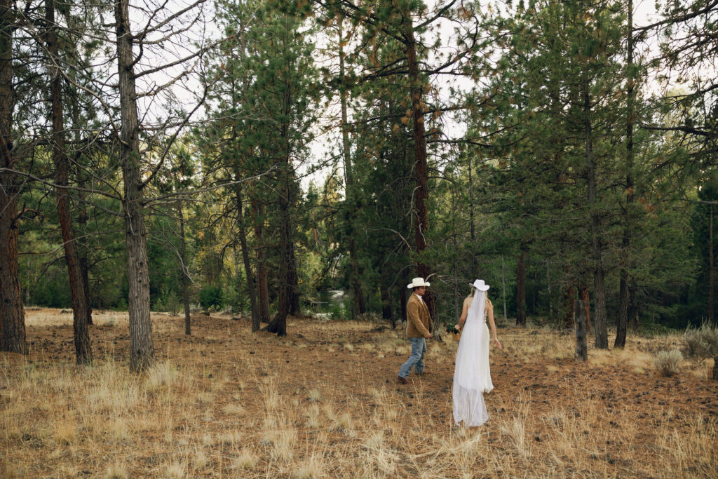 bride and groom in oregon high desert forest