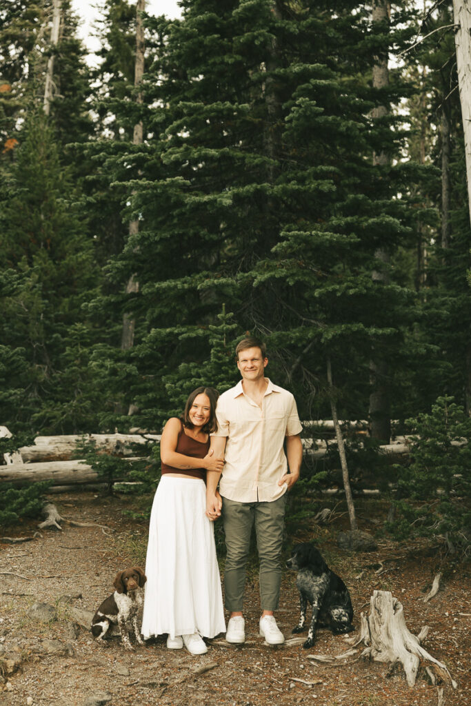 classic couples photo in front of oregon trees