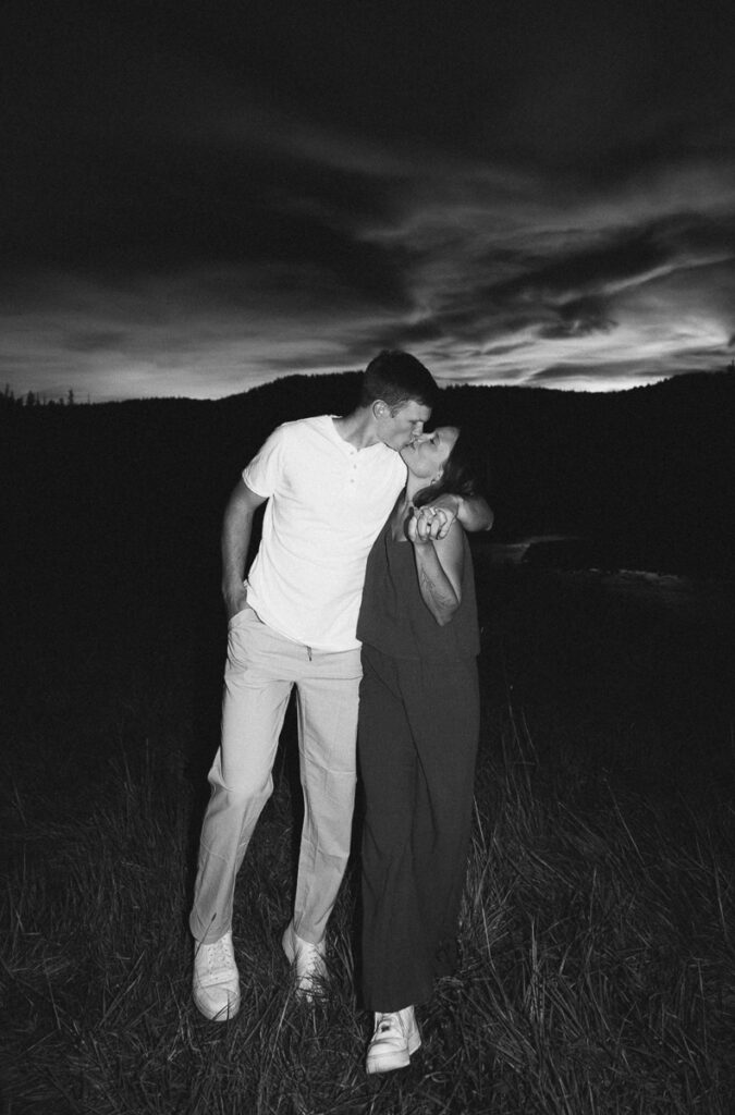 sunset and couple during sparks lake engagement session