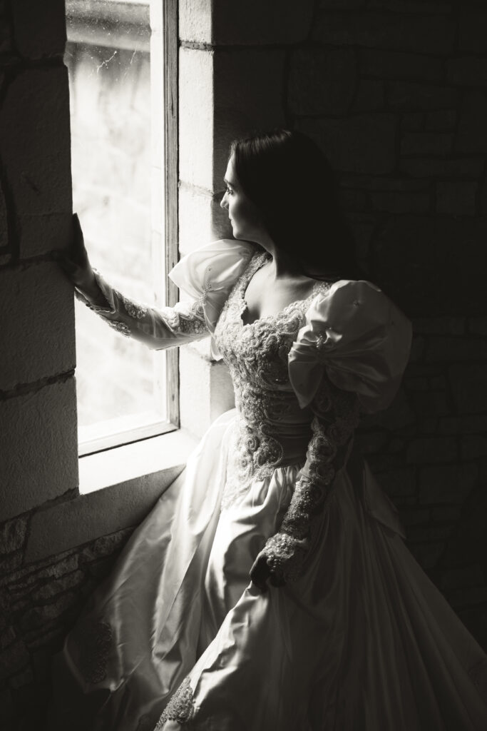 bride looking out window