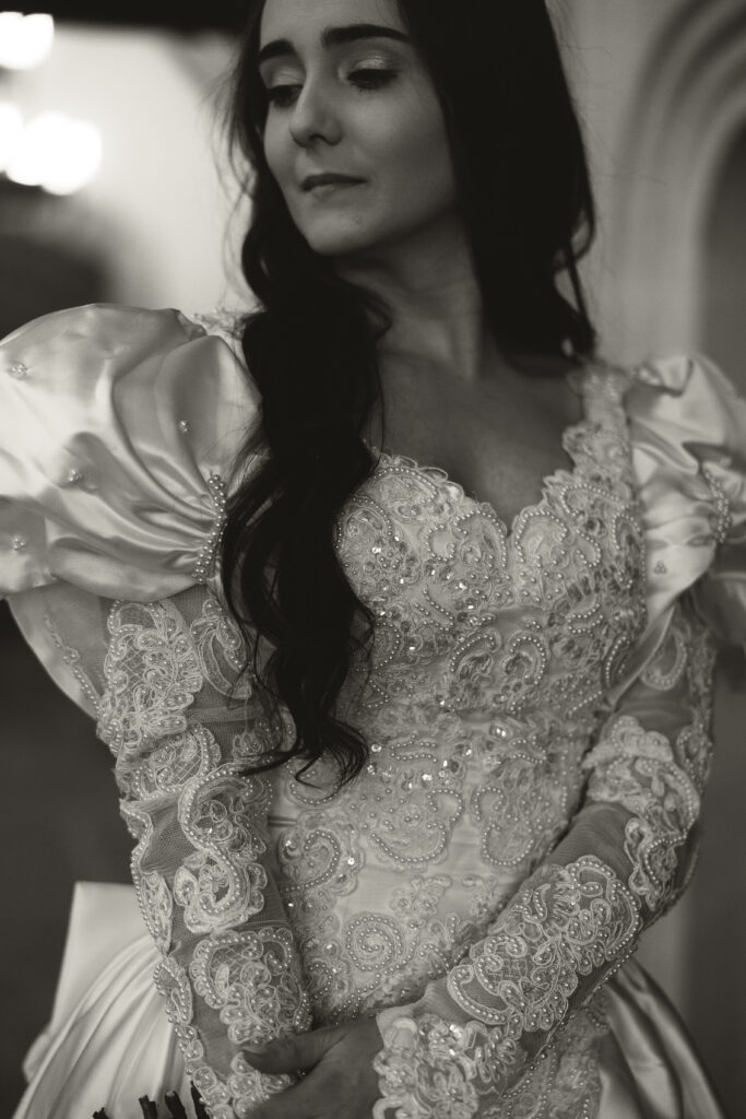 black and white photo of a bridal portrait