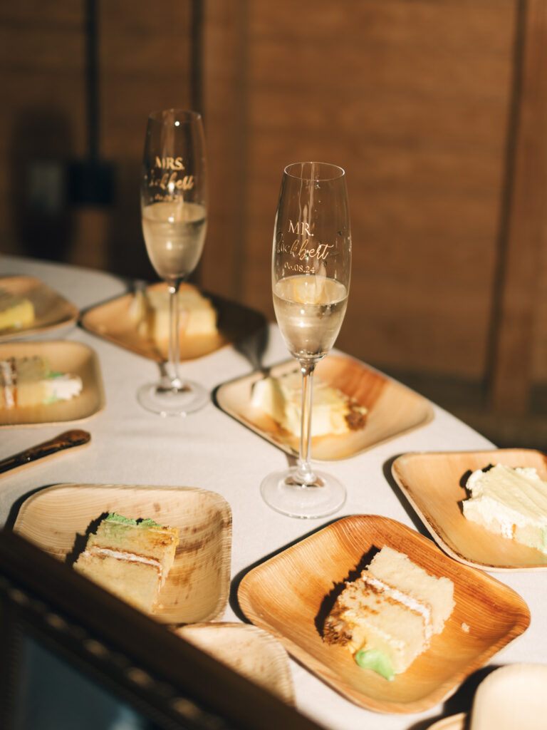 wedding cake and champagne glasses