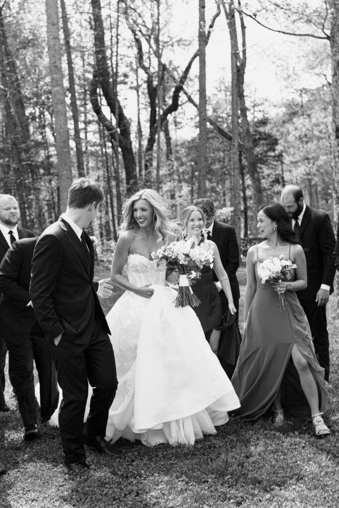 wedding party walking and laughing