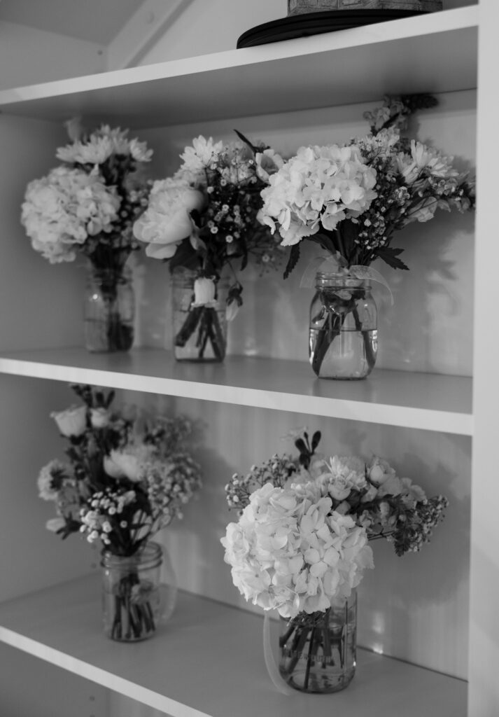 bouquets on shelf